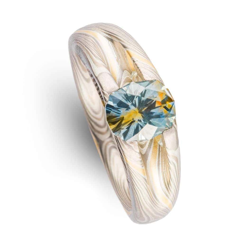 Radiant Mokume Wedding Ring Set w/Sapphire - Image 4