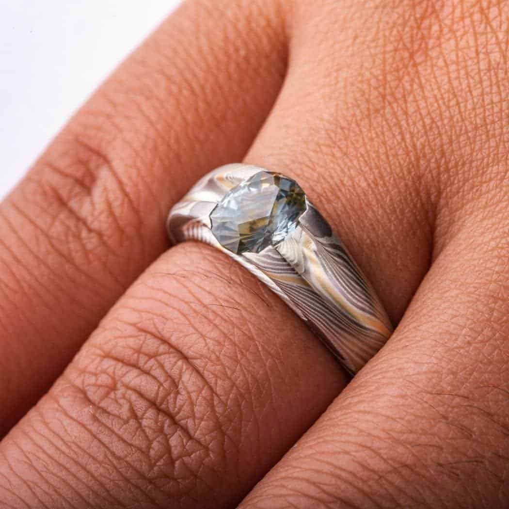 Radiant Mokume Wedding Ring Set w/Sapphire - Image 7