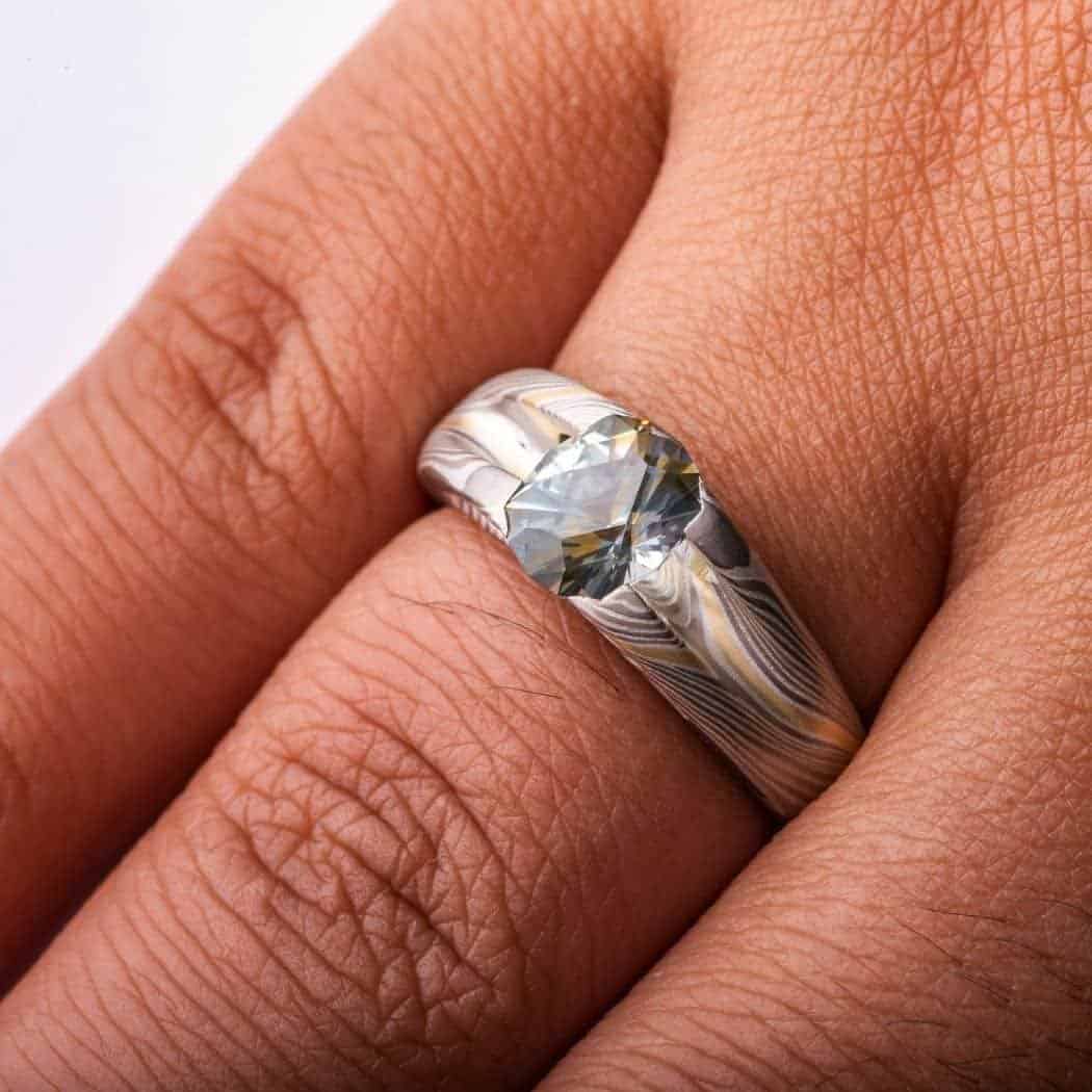 Radiant Mokume Wedding Ring Set w/Sapphire - Image 8