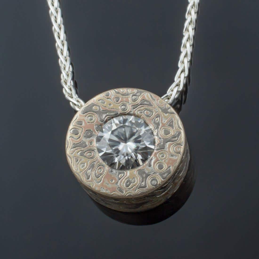 Mokume Pendant with Moissanite Set In Silver, Palladium, and Yellow Gold - Image 2