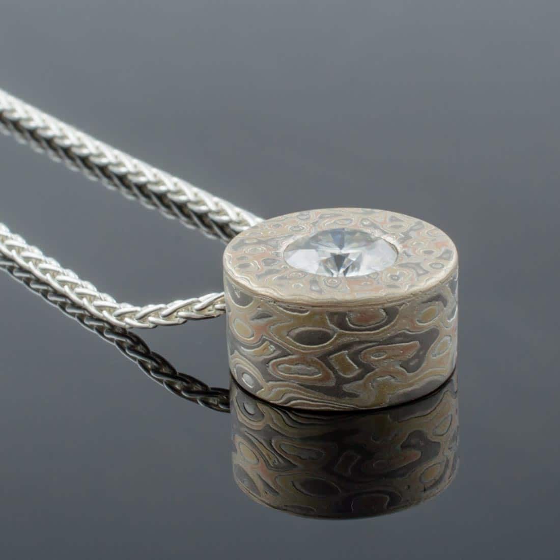 Mokume Pendant with Moissanite Set In Silver, Palladium, and Yellow Gold - Image 3