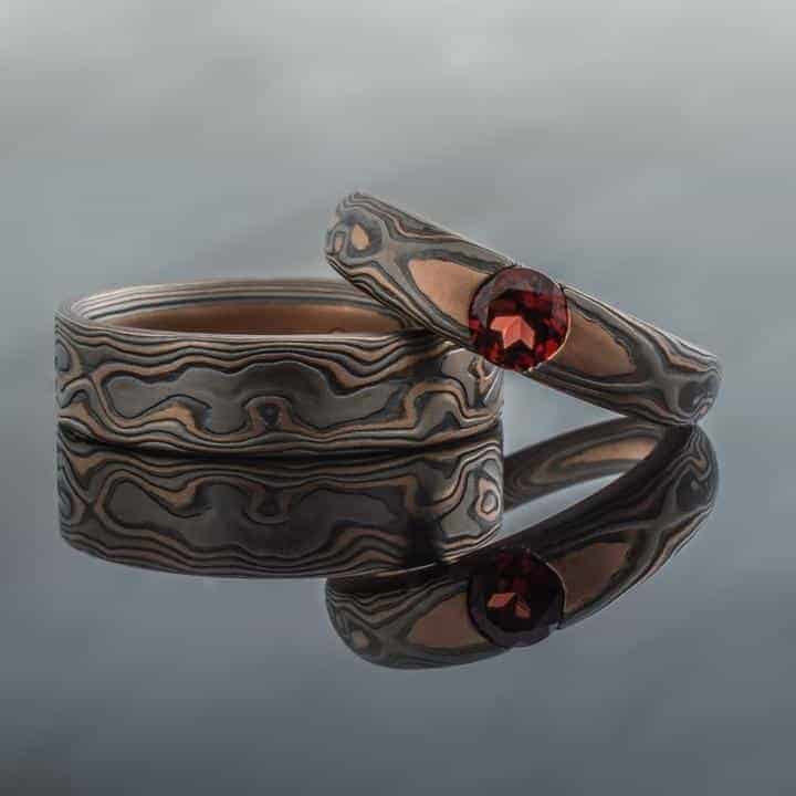 Vintage Style Mokume Gane Ring Wedding Set Cathedral Set Garnet