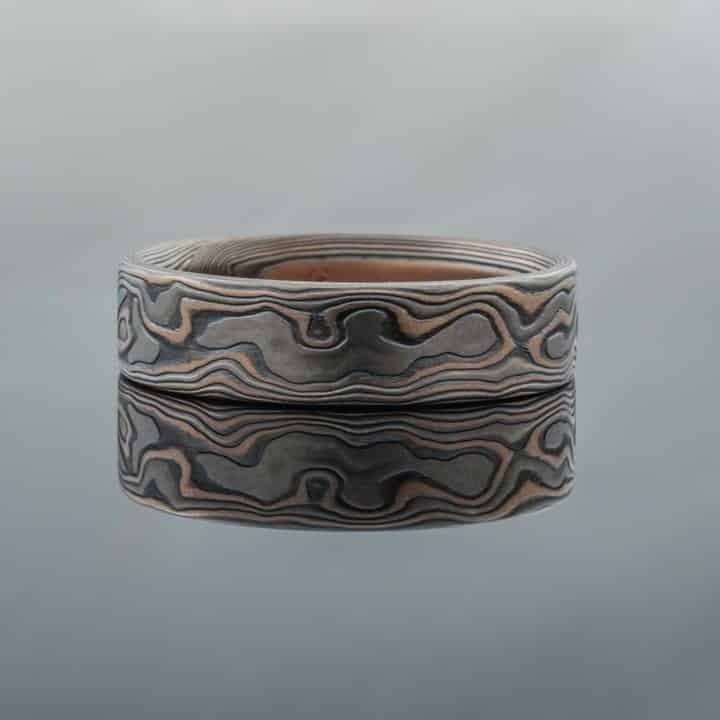 Vintage Style Mokume Gane Ring Wedding Set Cathedral Set Garnet - Image 2