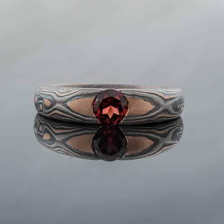 Vintage Style Mokume Gane Ring Wedding Set Cathedral Set Garnet - Image 3