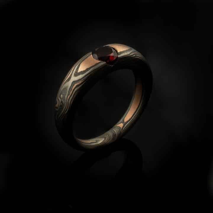Vintage Style Mokume Gane Ring Wedding Set Cathedral Set Garnet - Image 4