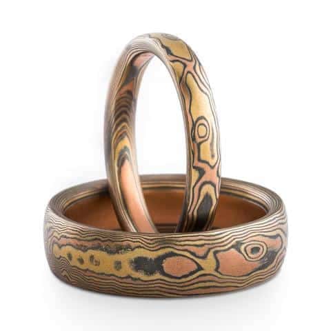 Classic Mokume Rings Wedding Band Set in Woodgrain Pattern
