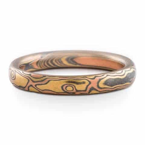 Classic Mokume Rings Wedding Band Set in Woodgrain Pattern - Image 2