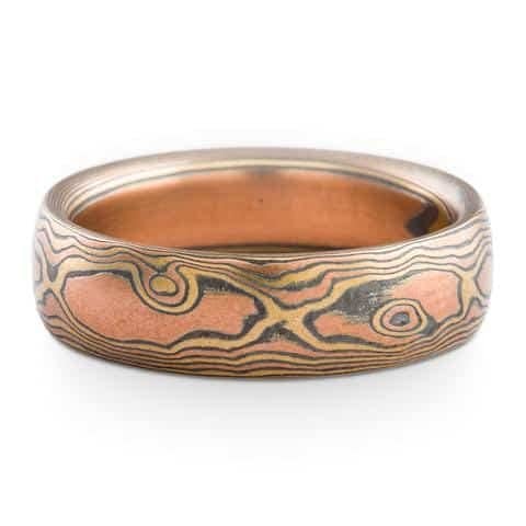 Classic Mokume Rings Wedding Band Set in Woodgrain Pattern - Image 3