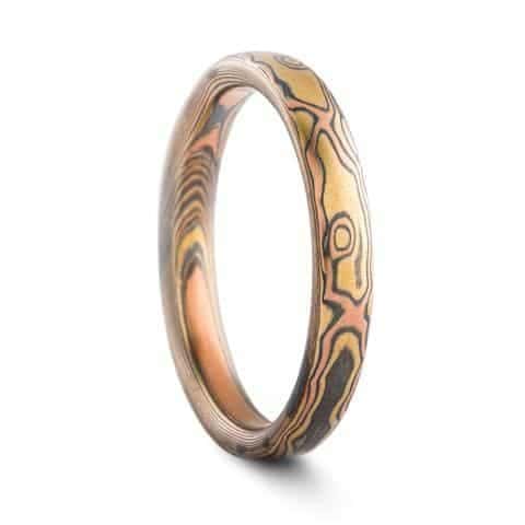 Classic Mokume Rings Wedding Band Set in Woodgrain Pattern - Image 4