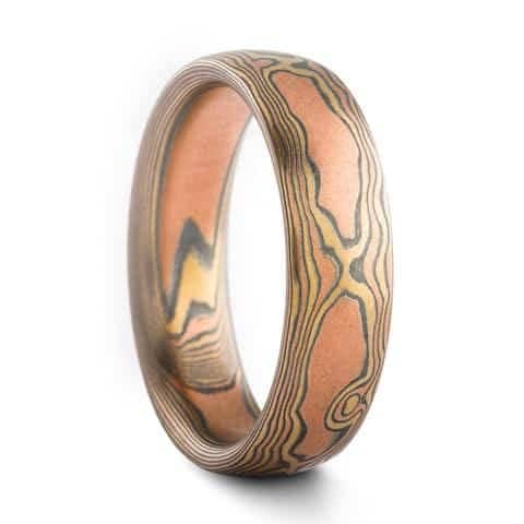 Classic Mokume Rings Wedding Band Set in Woodgrain Pattern - Image 5