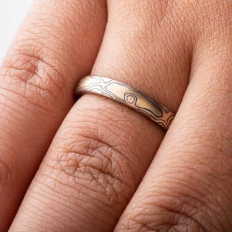 Classic Mokume Rings Wedding Band Set in Woodgrain Pattern - Image 6