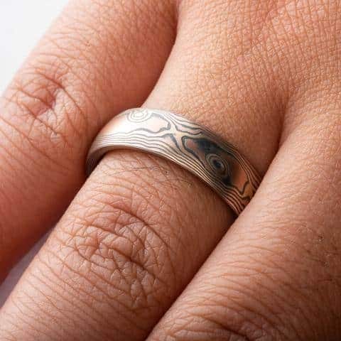 Classic Mokume Rings Wedding Band Set in Woodgrain Pattern - Image 7