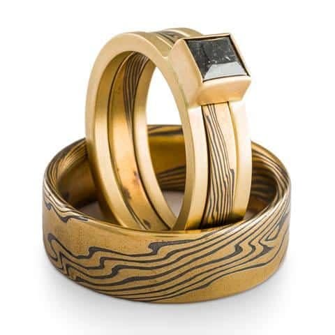 Regal Three Piece Mokume Wedding Set with Square Diamond