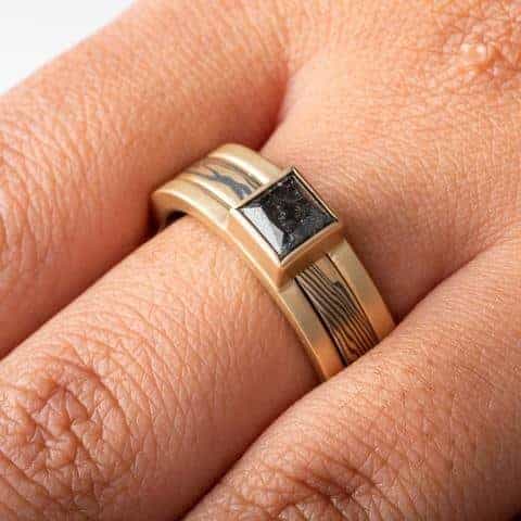 Regal Three Piece Mokume Wedding Set with Square Diamond - Image 4