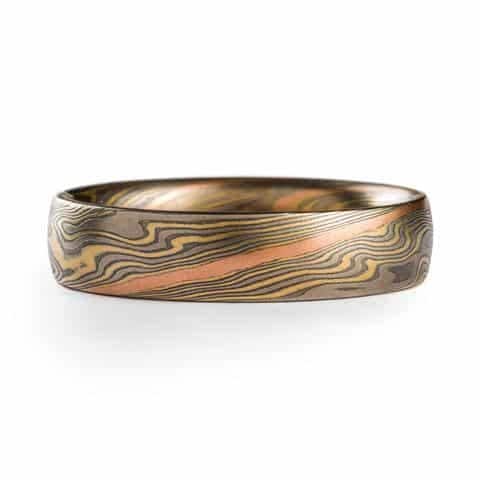 Rustic Mokume Gane Wedding Band with Red Gold Stratum - Image 3