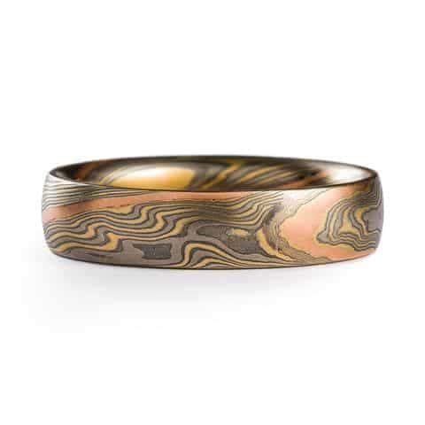 Rustic Mokume Gane Wedding Band with Red Gold Stratum