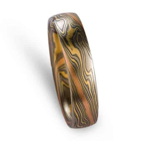 Rustic Mokume Gane Wedding Band with Red Gold Stratum - Image 4