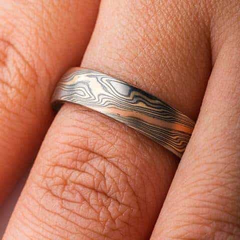 Rustic Mokume Gane Wedding Band with Red Gold Stratum - Image 5