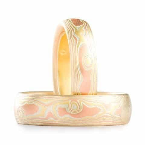 Matching Mokume Gane Band Set in Woodgrain Pattern