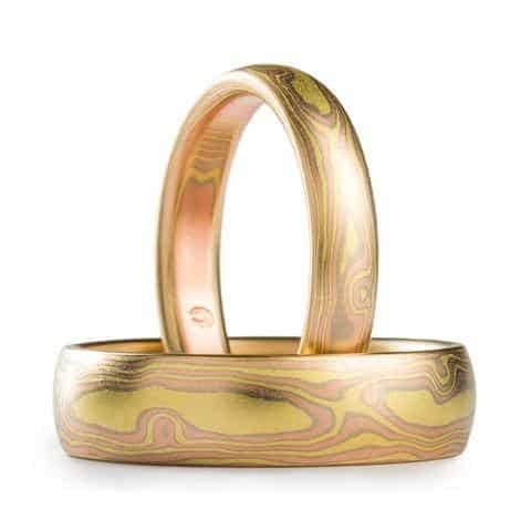 Refined 18Kt Gold Mokume Gane Ring Set in Woodgrain Pattern