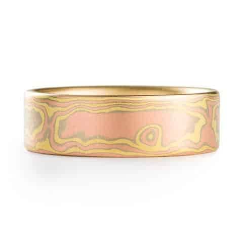 Radiant All Gold Mokume Wedding Band in Flat Profile - Image 2
