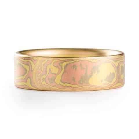 Radiant All Gold Mokume Wedding Band in Flat Profile - Image 3