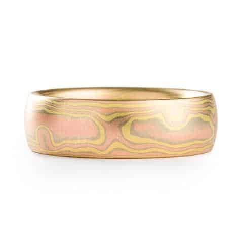 Radiant All Gold Mokume Woodgrain Wedding Band Set - Image 2