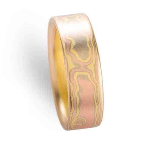 Radiant All Gold Mokume Woodgrain Wedding Band Set - Image 5