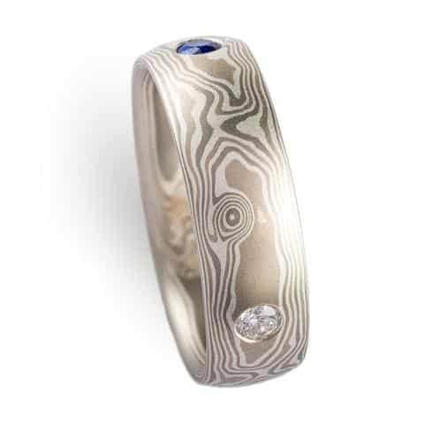 Sophisticated Mokume Gane Wedding Set with Diamonds & Sapphires - Image 7
