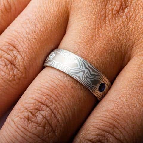 Sophisticated Mokume Gane Wedding Set with Diamonds & Sapphires - Image 8