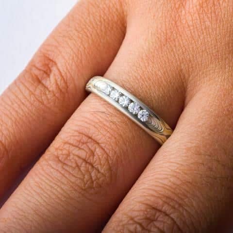 Radiant Woodgrain Pattern Wedding Set with Channel Set Moissanites - Image 6