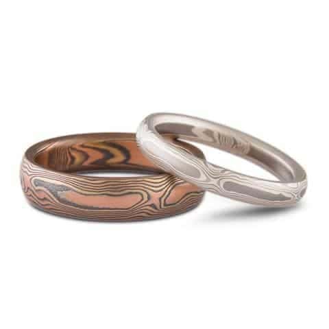 Coordinating Mokume Wedding Set with Fire and Smoke Palettes