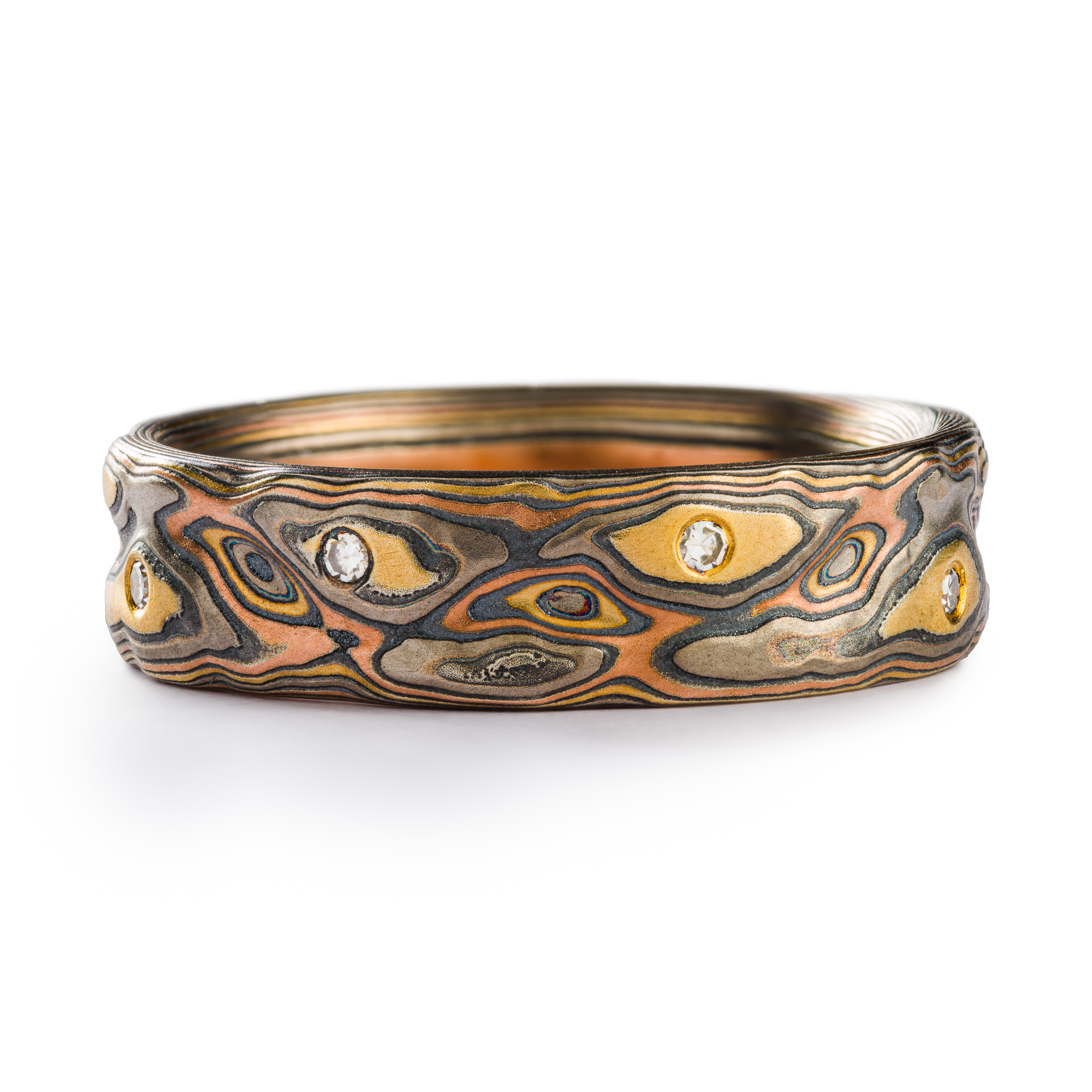 mokume gane mens wedding ring that is heirloom quality- resembles woodgrain made of precious metals
