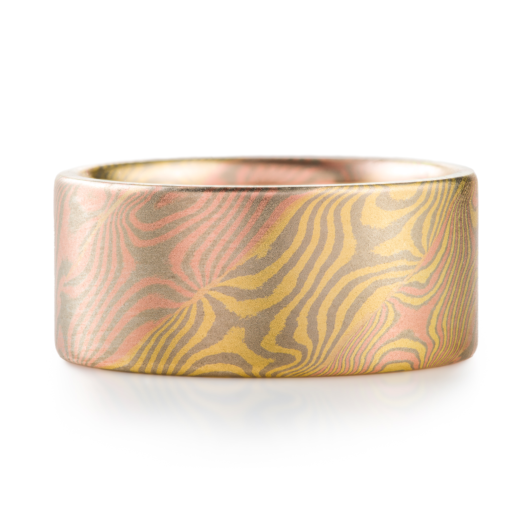 completely custom made mokume gane ring, extra wide multicolored strands individually patterned and then twisted together