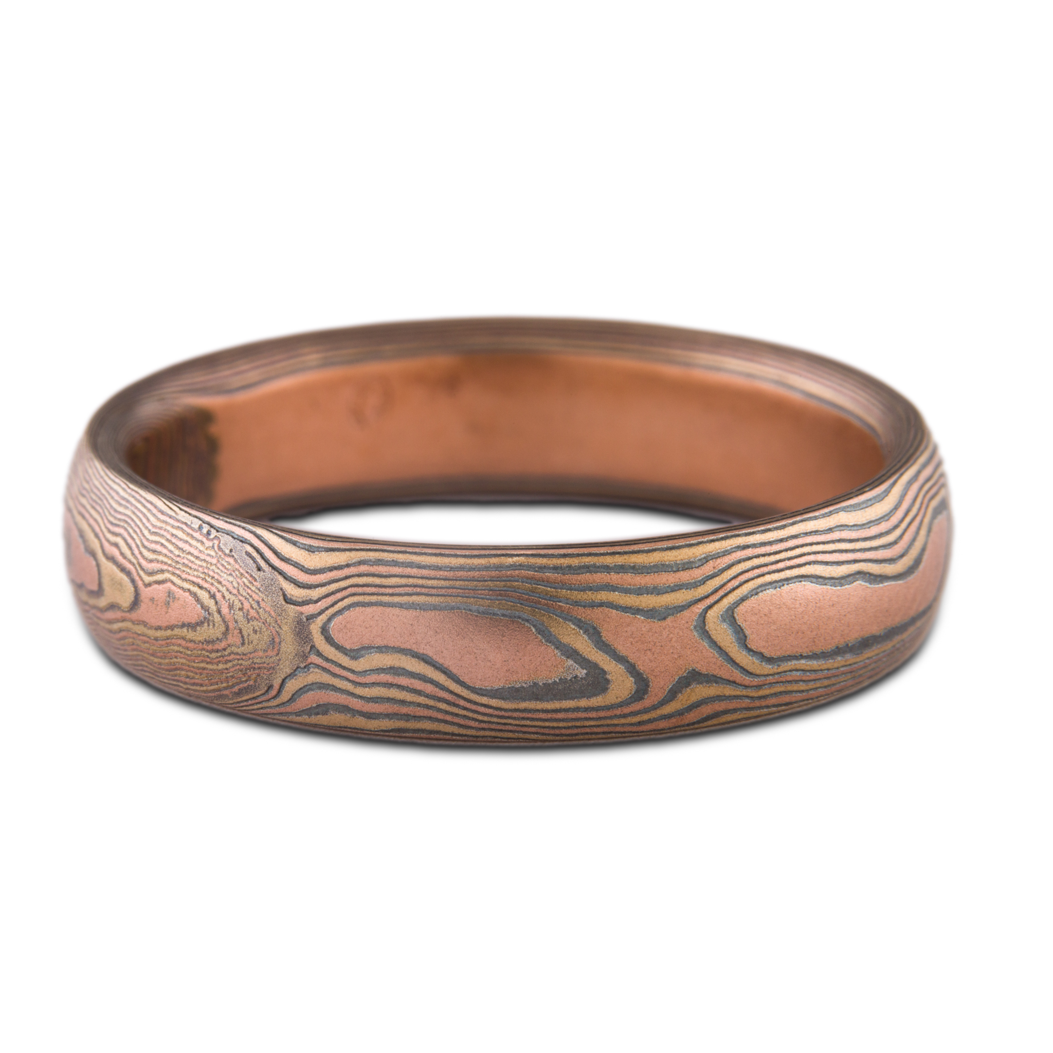 Mokume Gane ring or wedding band custom made arn krebs, fire palette and woodgrain pattern, red gold yellow gold and silver