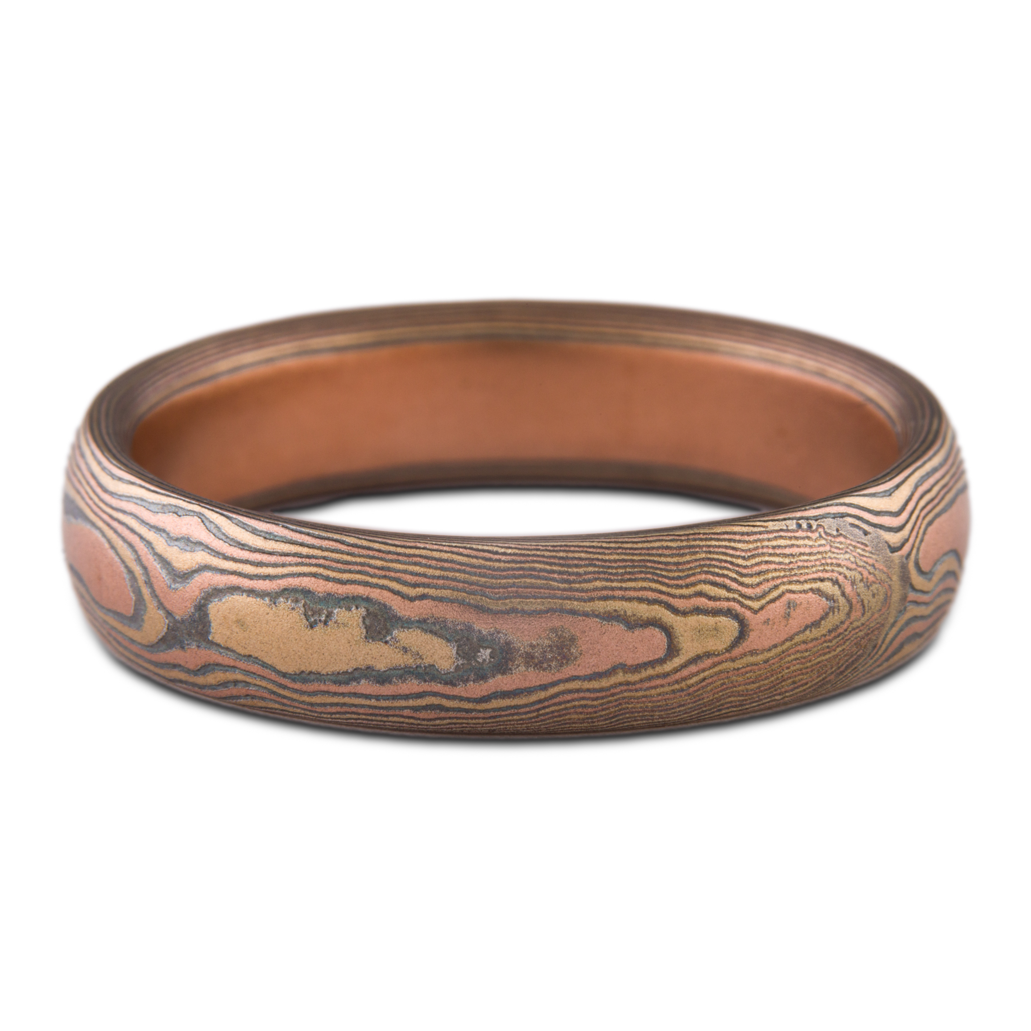 Mokume Gane ring or wedding band custom made arn krebs, fire palette and woodgrain pattern, red gold yellow gold and silver