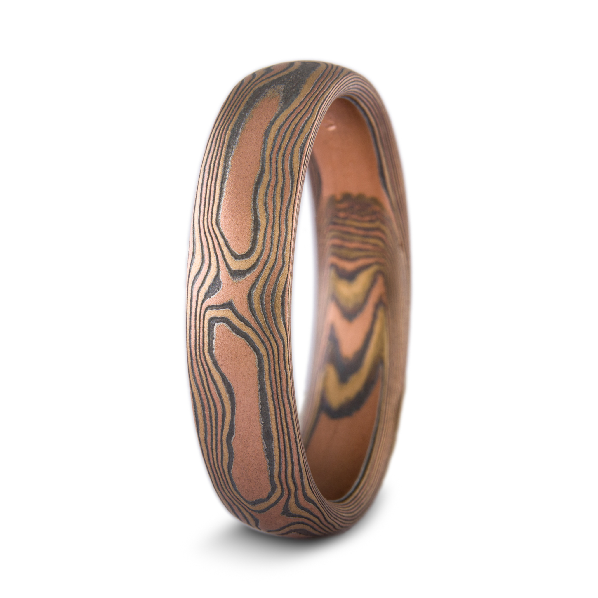 Mokume Gane ring or wedding band custom made arn krebs, fire palette and woodgrain pattern, red gold yellow gold and silver