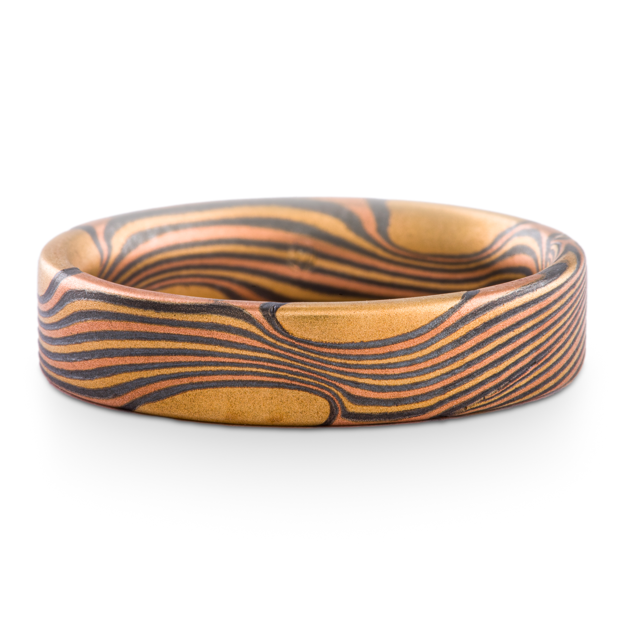 Flat profile mokume men's ring made with gold, red gold and oxidized silver.