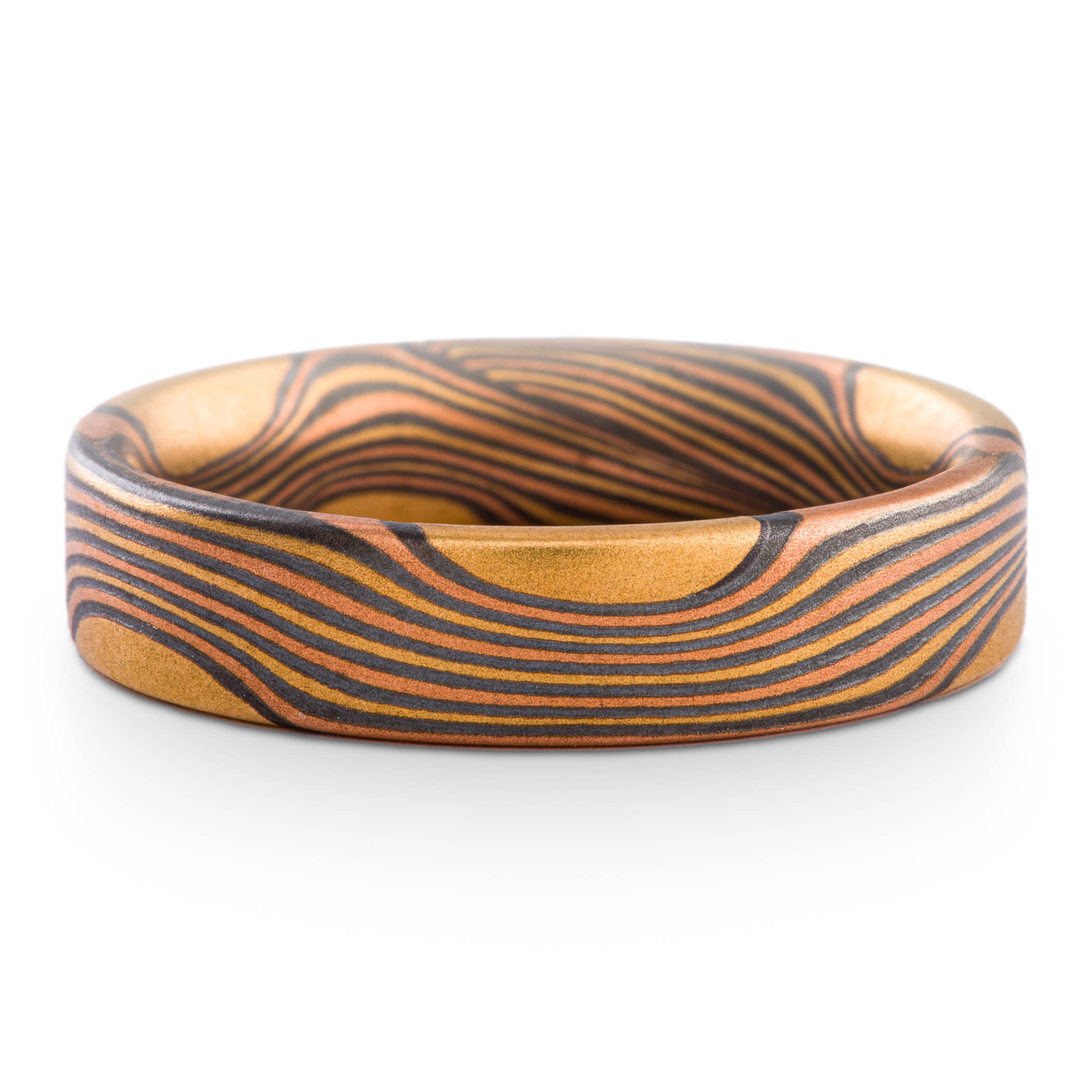 Flat profile mokume men's ring made with gold, red gold and oxidized silver.