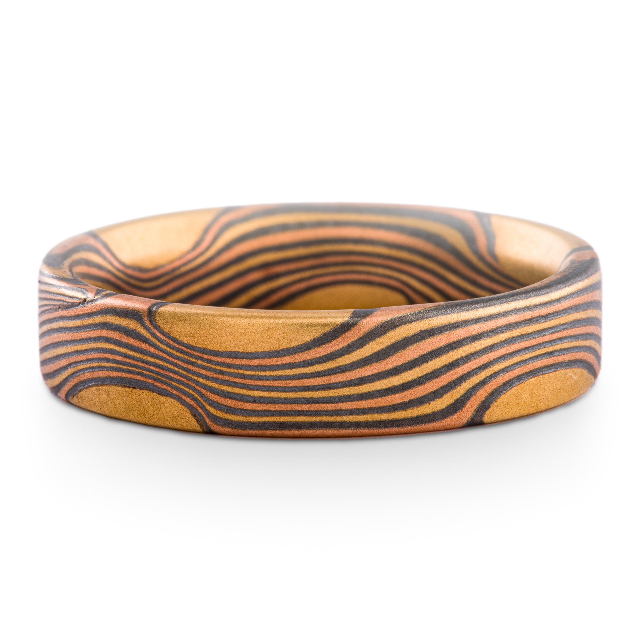 Flat profile mokume men's ring made with gold, red gold and oxidized silver.