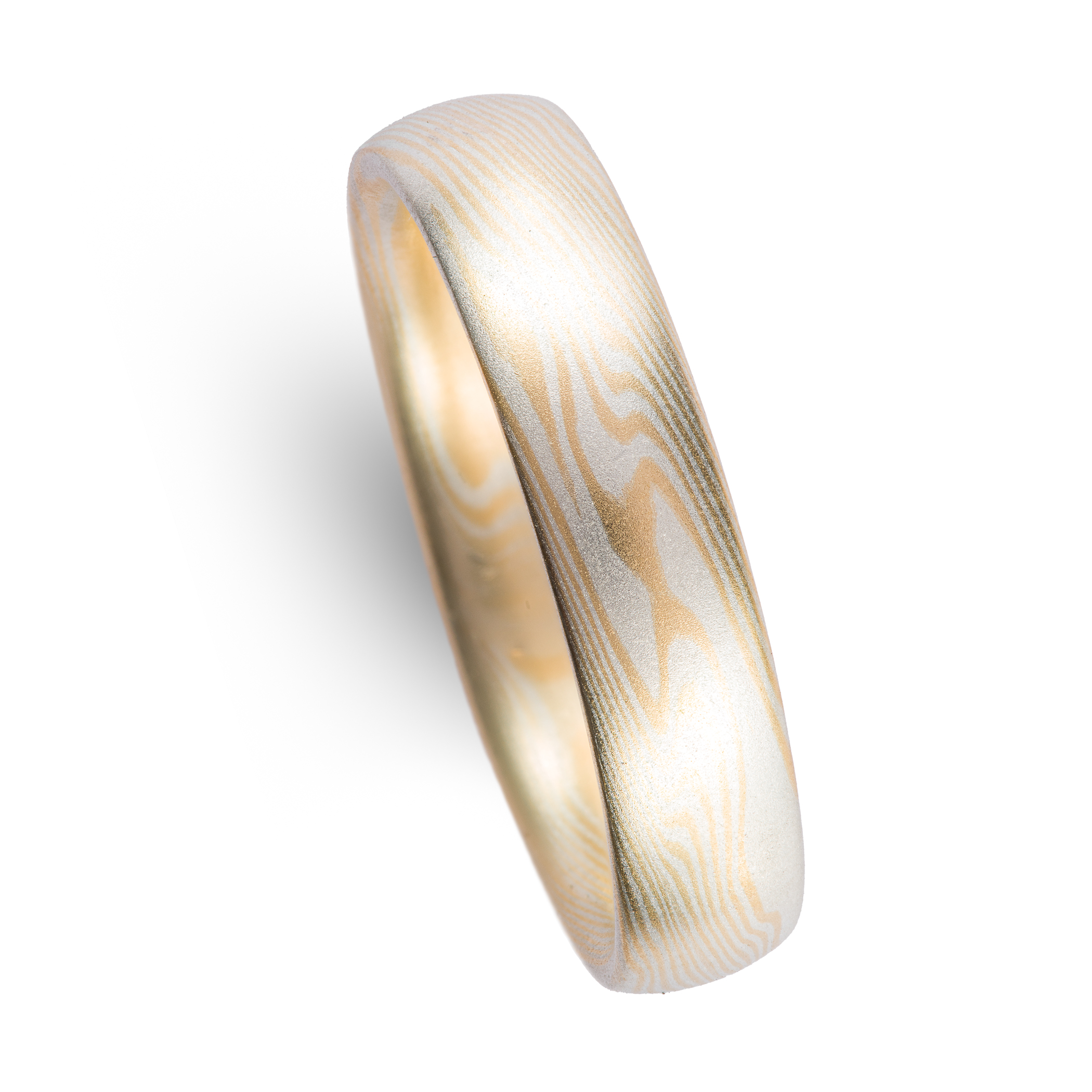 very subtle feeling yellow gold and silver mokume gane ring, soft and delicate feeling wedding band