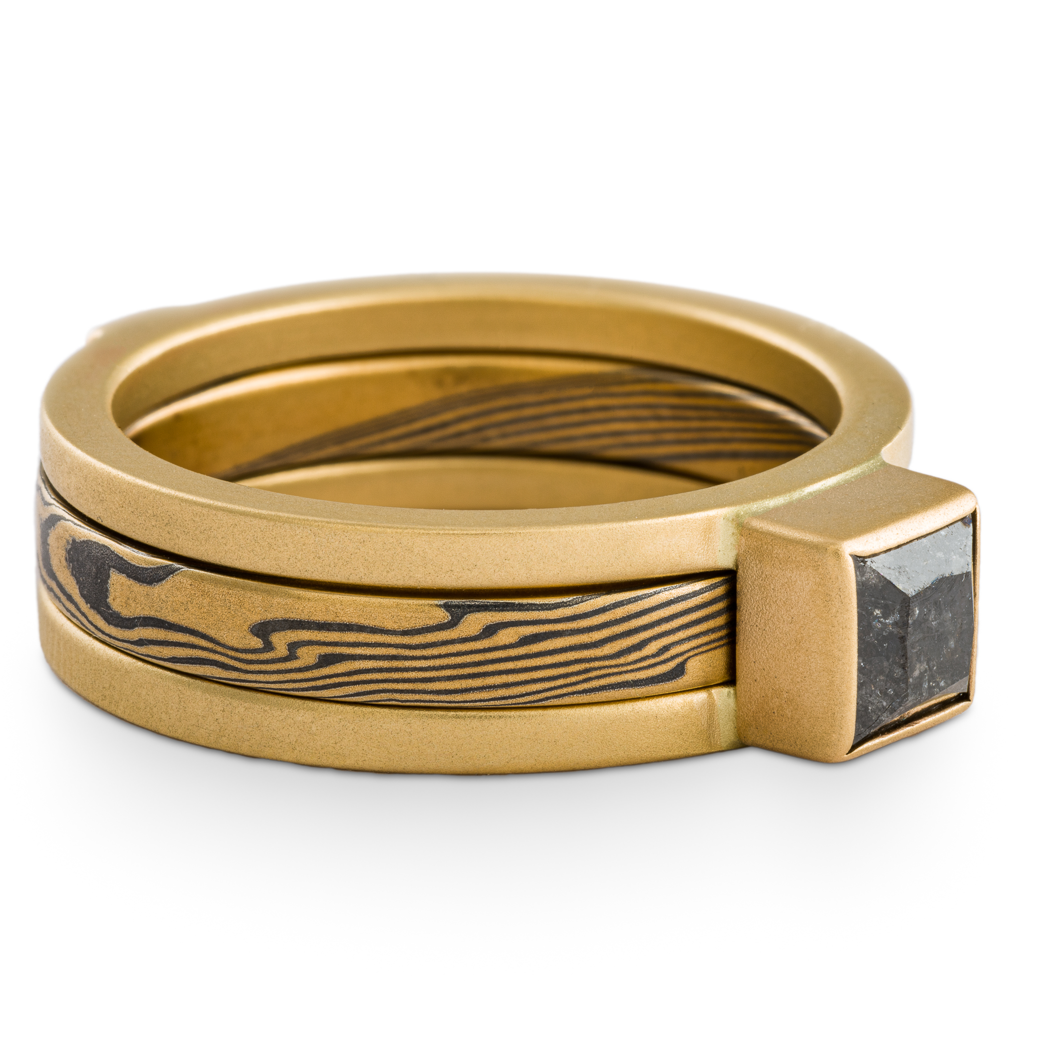 Mokume Gane gold and silver ring with gold ring guard with square black diamond.