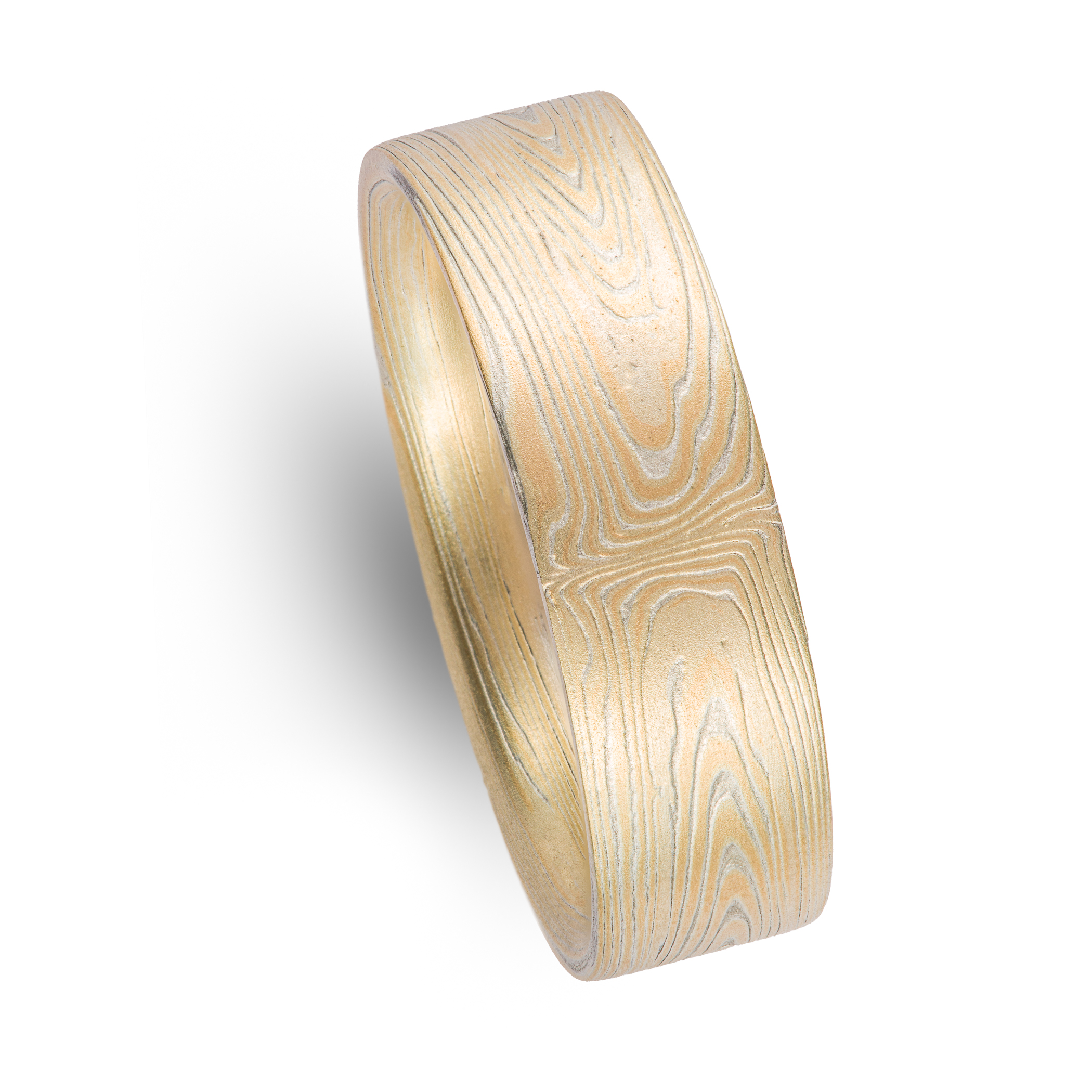 Arn Krebs mokume gane ring patterned in a subtle linear style in his vortex pattern. Made with yellow gold and silver.