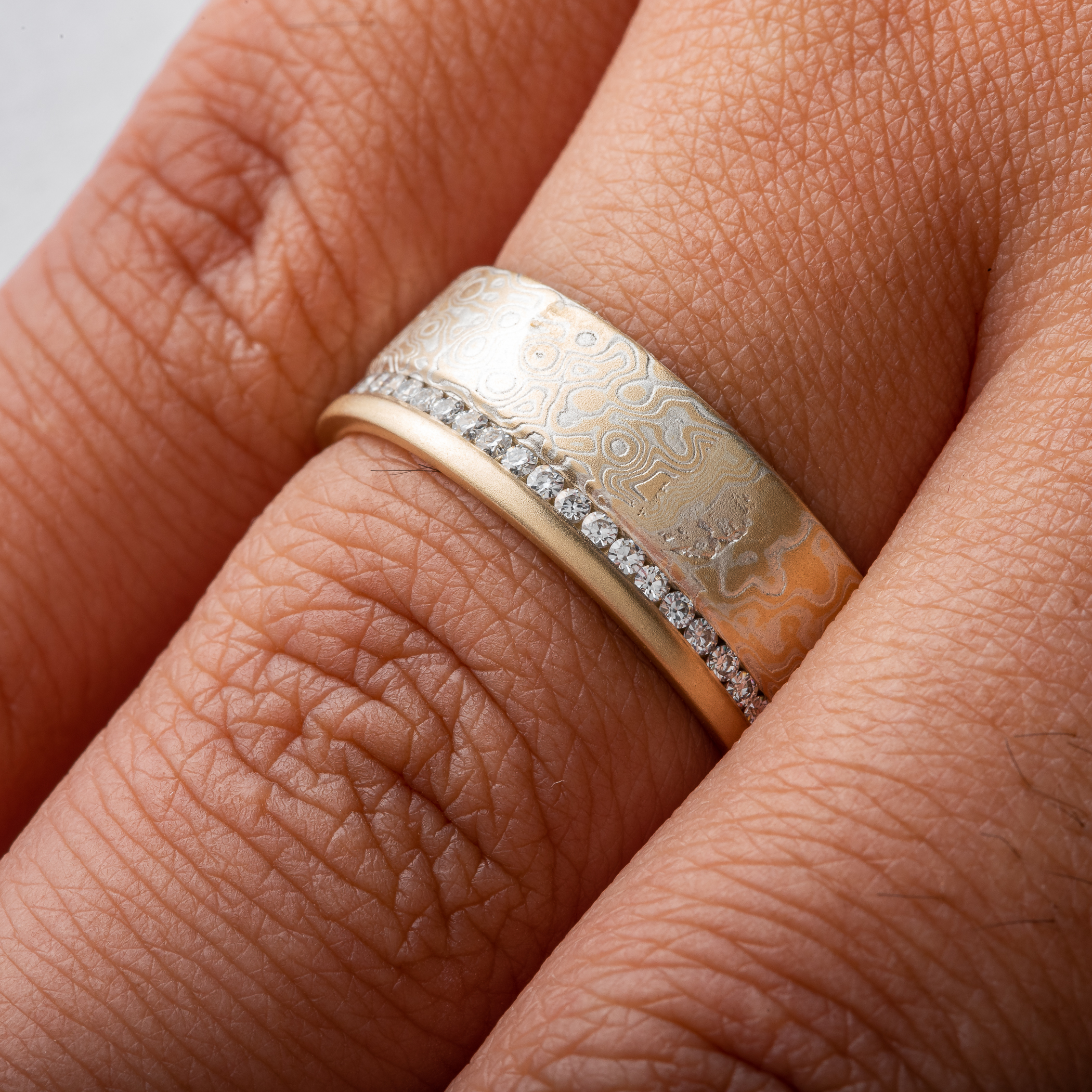 Mokume Gane Ring with Channel Set Diamonds - Image 5