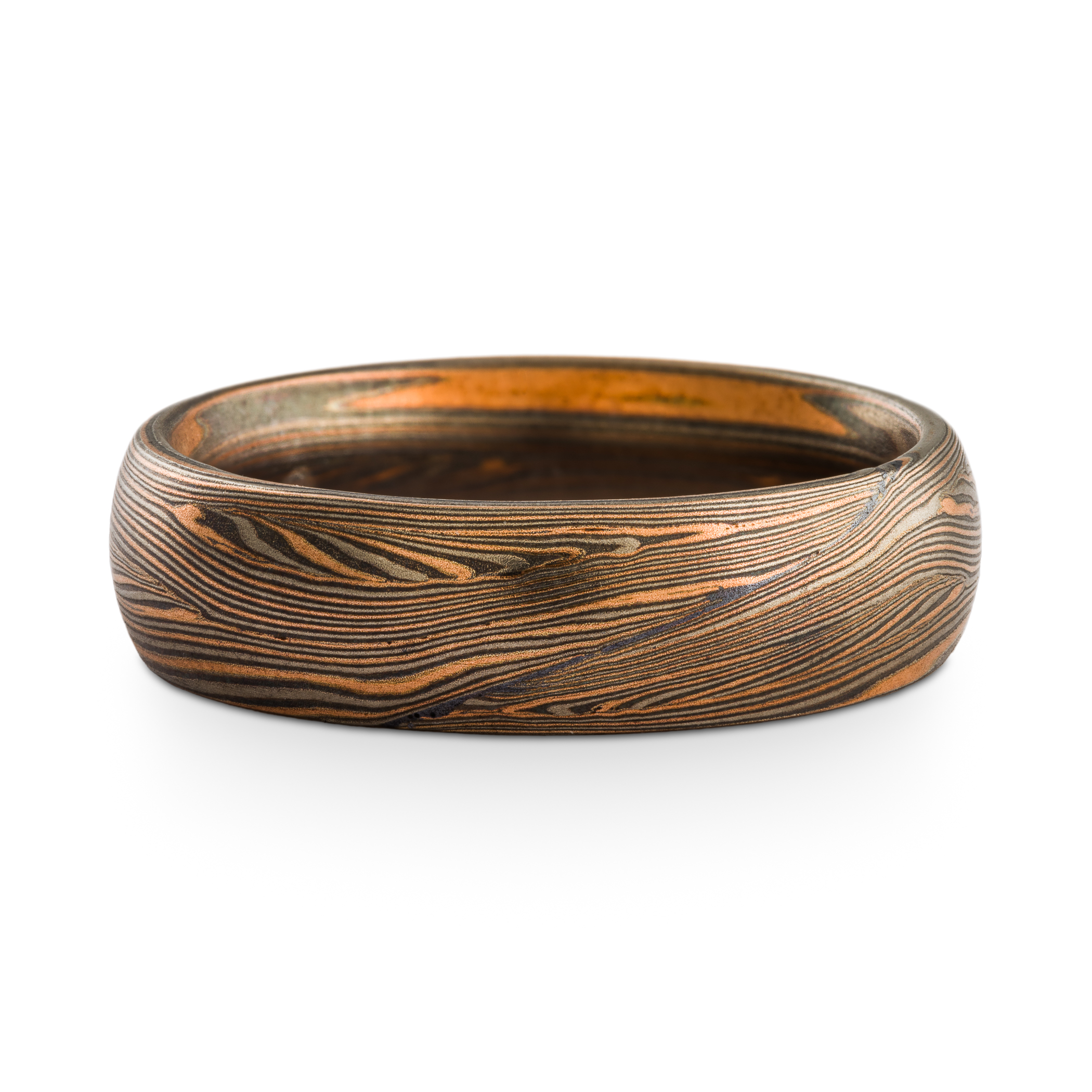 Warm toned mokume gane ring, patterned in a linear style with many layers of fine lines in alternating red gold, palladium and oxidized silver. Medium width band with a domed profile.