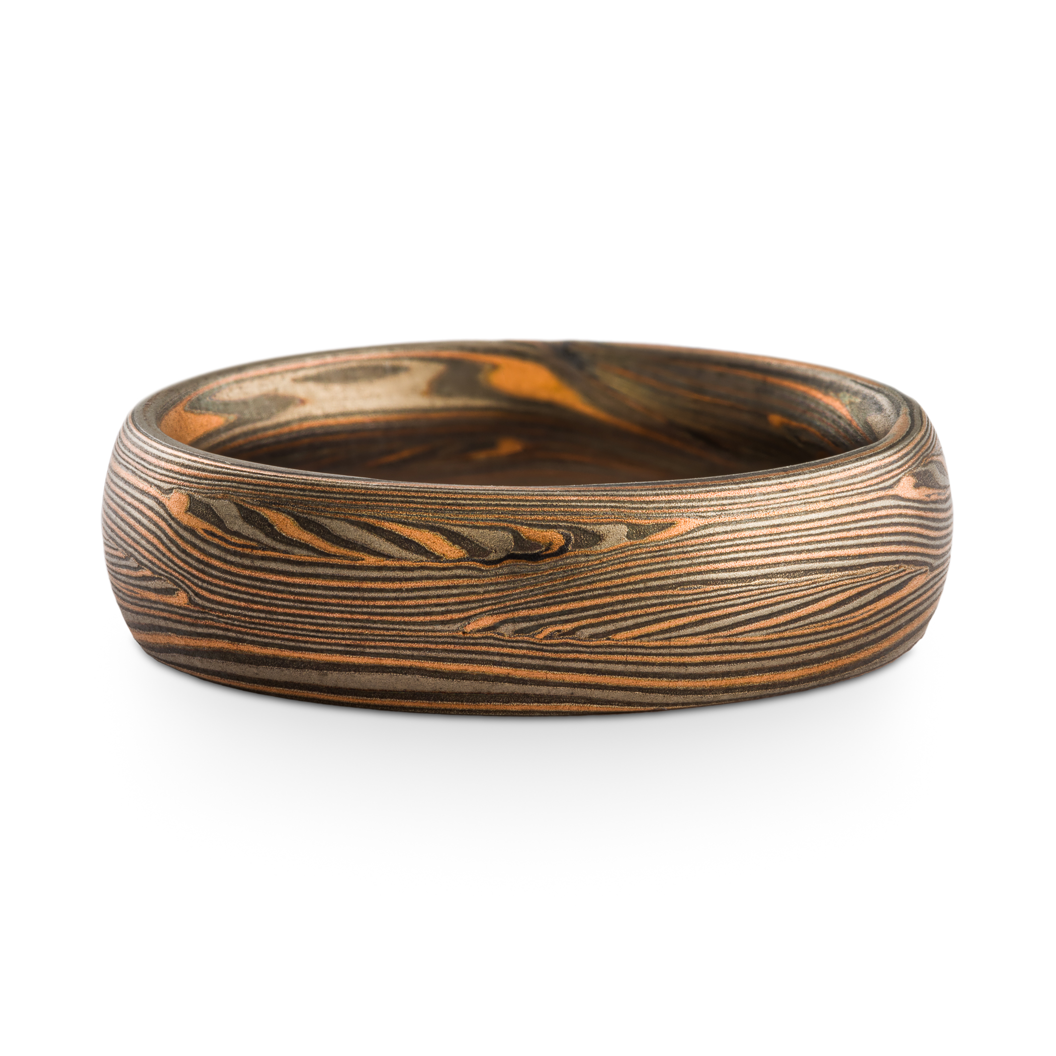 Warm toned mokume gane ring, patterned in a linear style with many layers of fine lines in alternating red gold, palladium and oxidized silver. Medium width band with a domed profile.