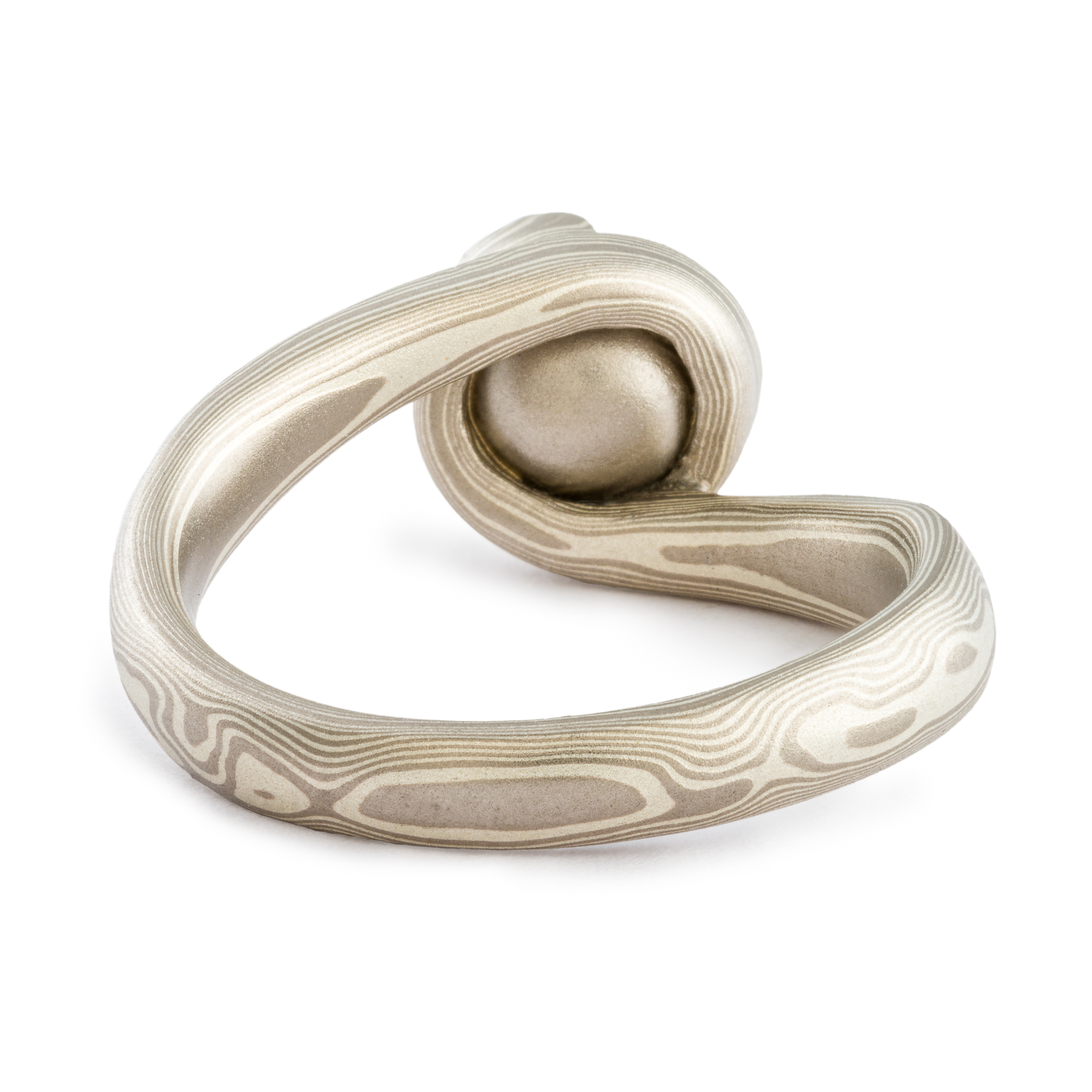 Mokume Gane ring wedding ring or engagement ring bypass style setting by arn krebs, woodgrain pattern and ash palette, white pearl, low dome, sterling silver and palladium