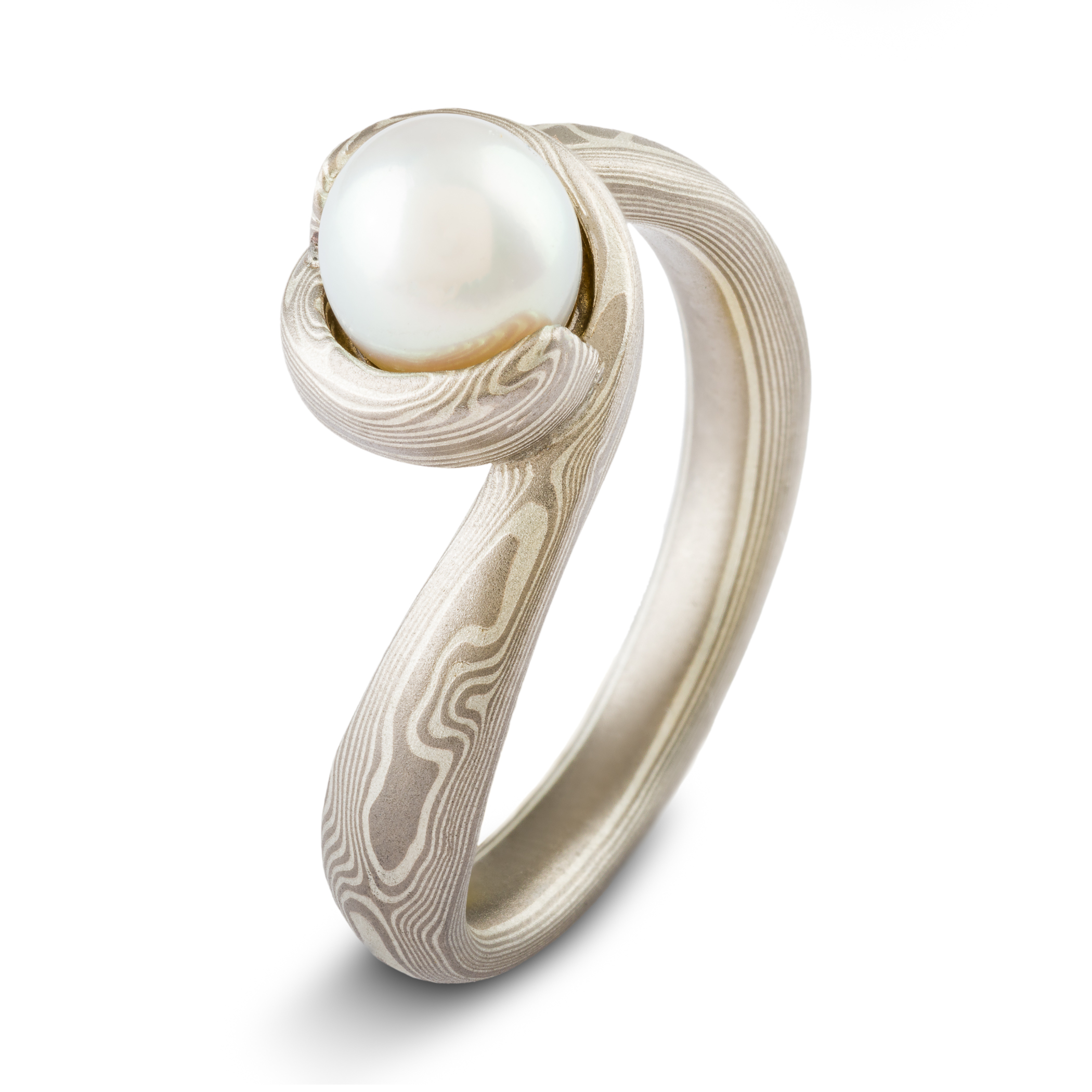 Mokume Gane ring wedding ring or engagement ring bypass style setting by arn krebs, woodgrain pattern and ash palette, white pearl, low dome, sterling silver and palladium