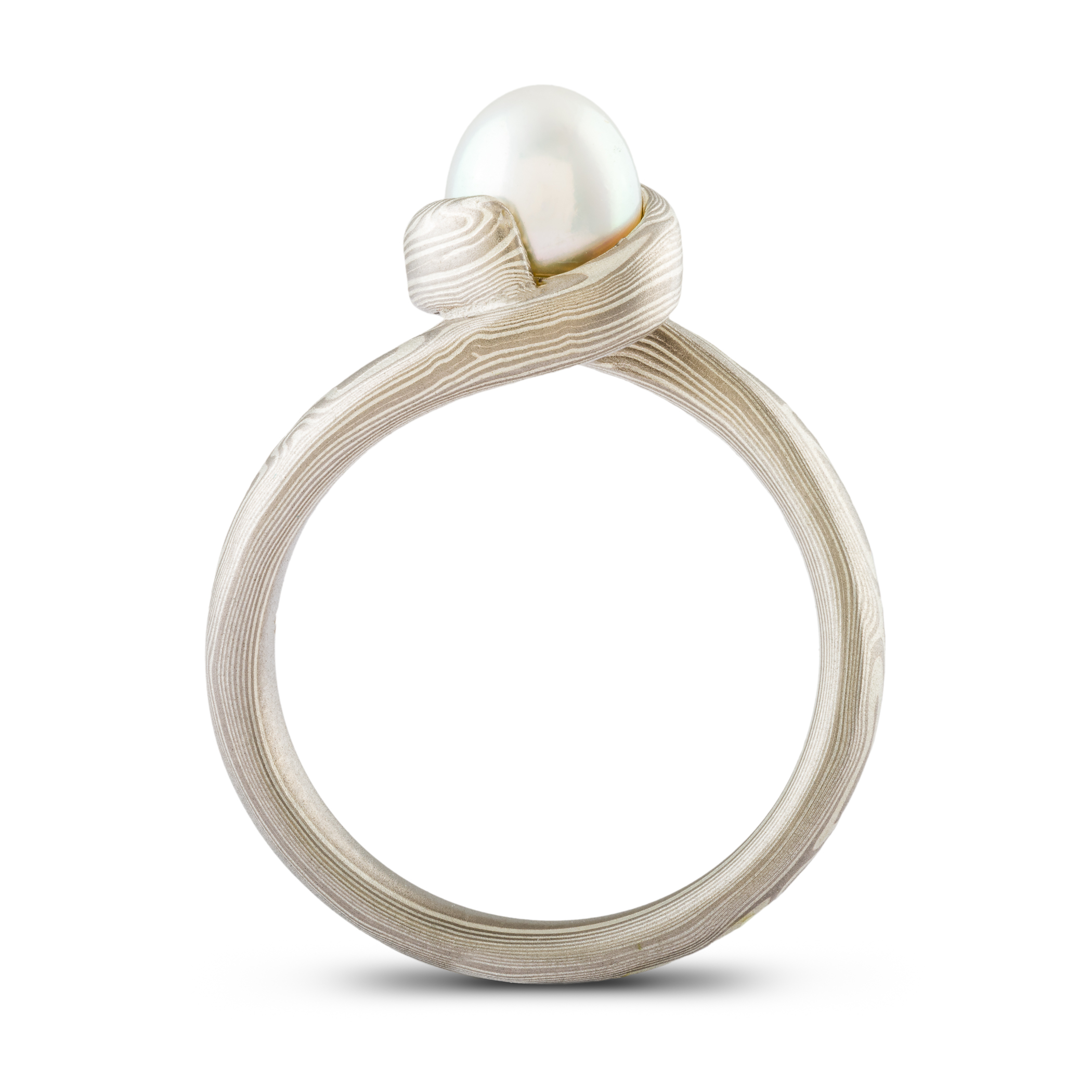Mokume Gane ring wedding ring or engagement ring bypass style setting by arn krebs, woodgrain pattern and ash palette, white pearl, low dome, sterling silver and palladium