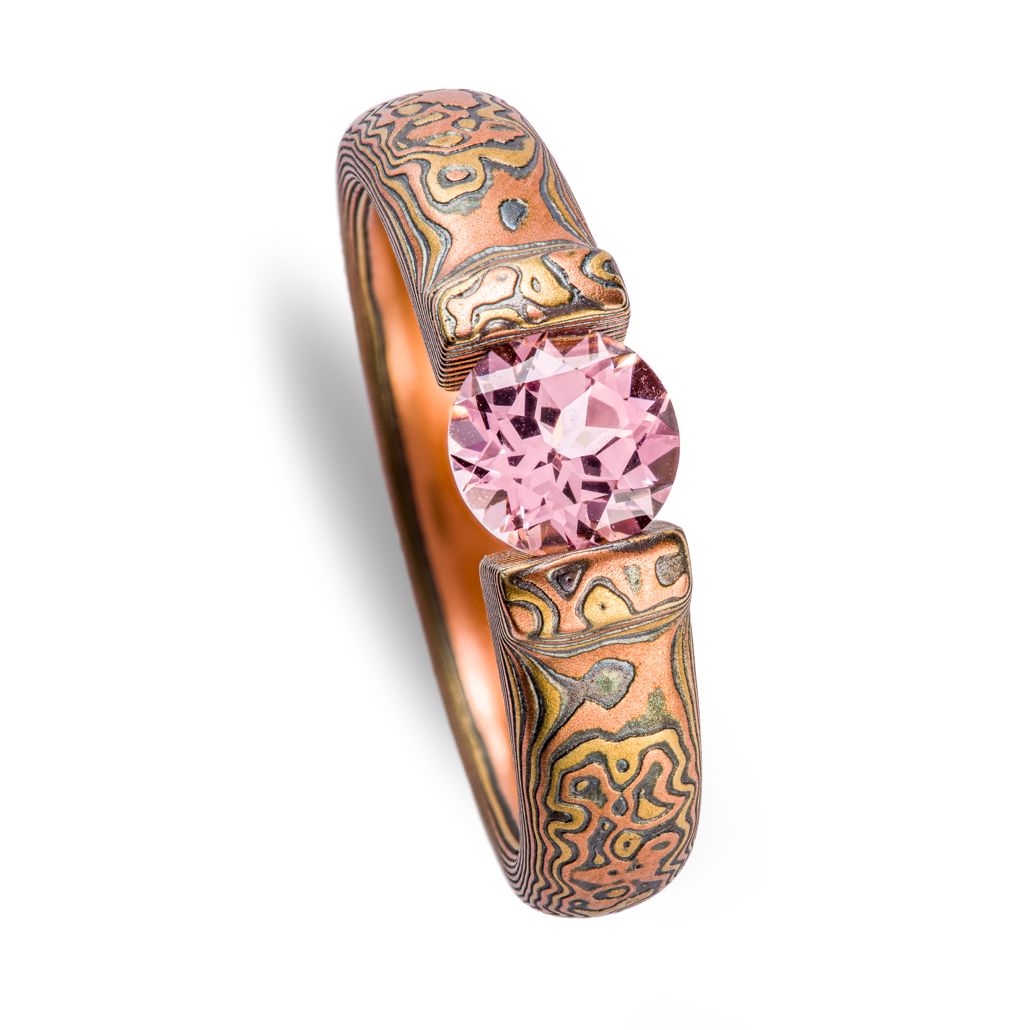 Elegant Tension Set Sapphire Mokume Ring - Image 5